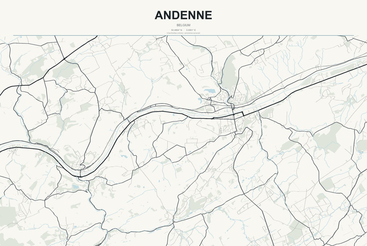 Andenne, Belgium City Map Aluminum Sign in Headline Atlas style