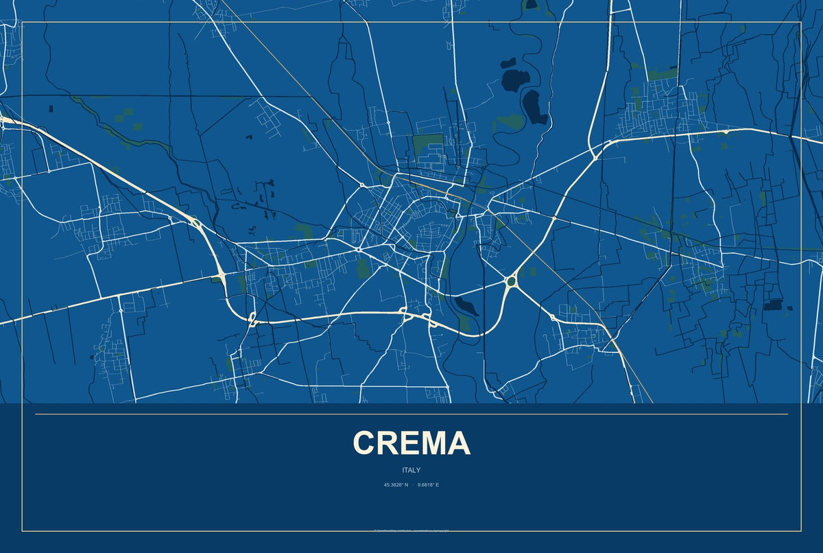 Crema, Italy City Map Aluminum Sign in Harbor Cobalt style