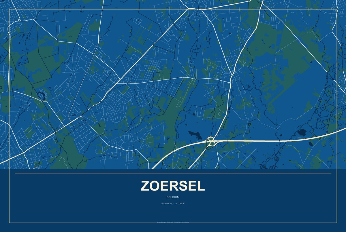 Zoersel, Belgium City Map Aluminum Sign in Harbor Cobalt style