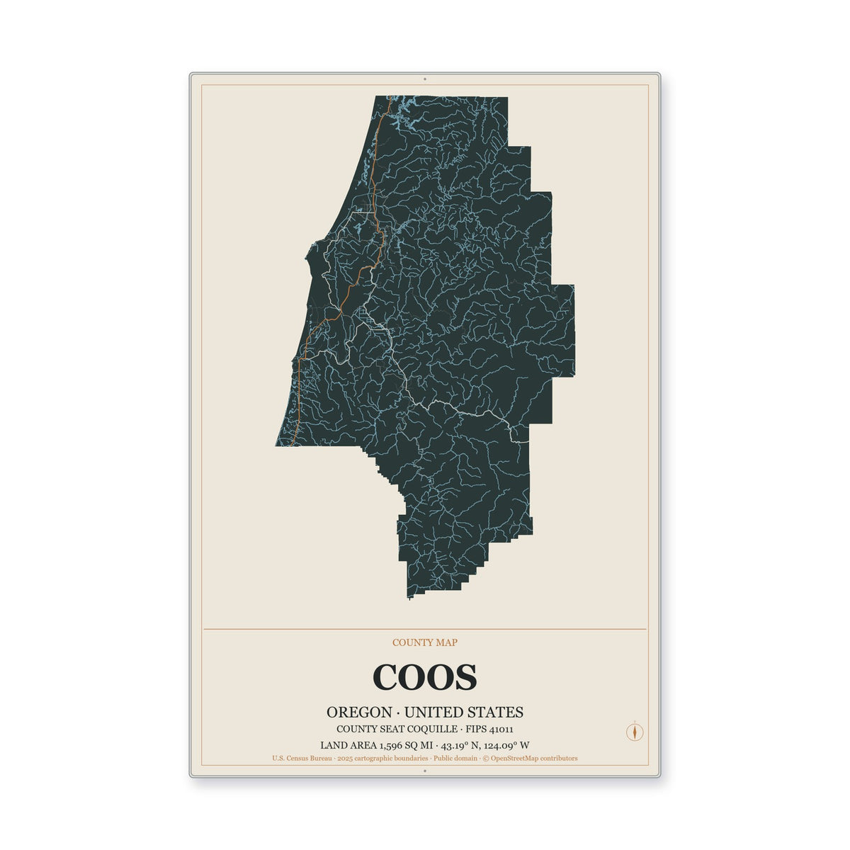 Coos County, Oregon Map Aluminum Sign in Headline Atlas style