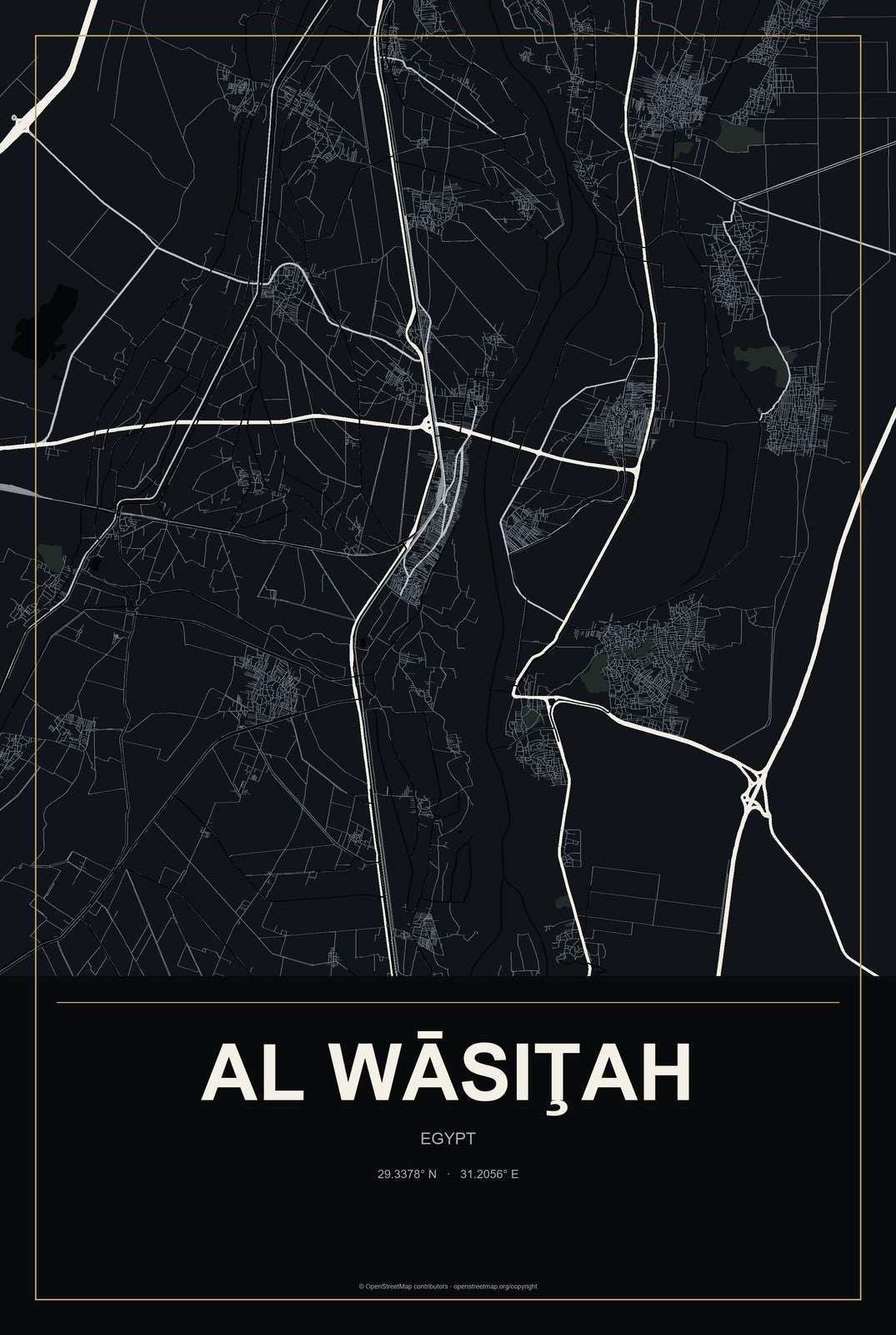 Al Wāsiţah, Egypt City Map Aluminum Sign in Metropolitan Noir style