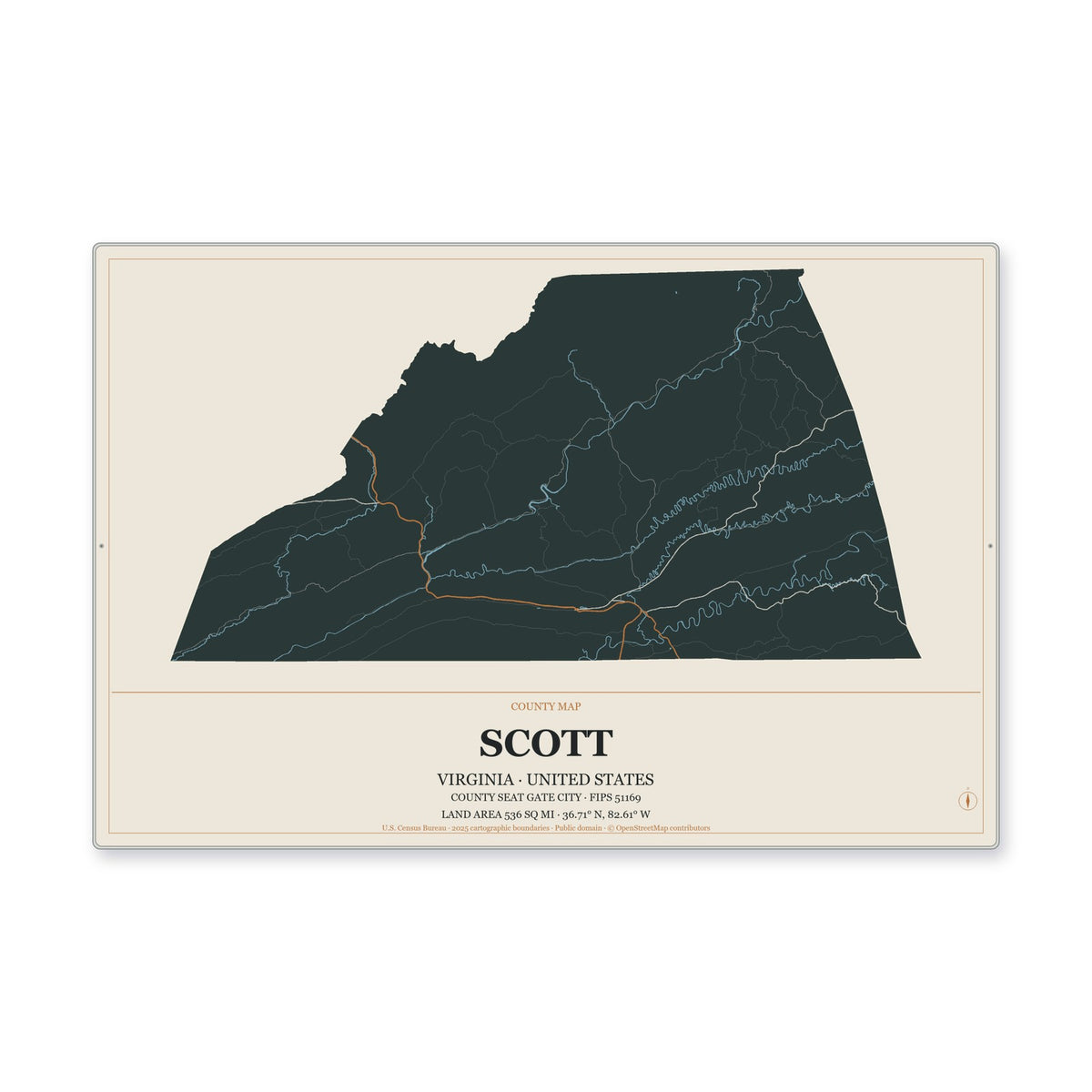 Scott County, Virginia Map Aluminum Sign in Headline Atlas style
