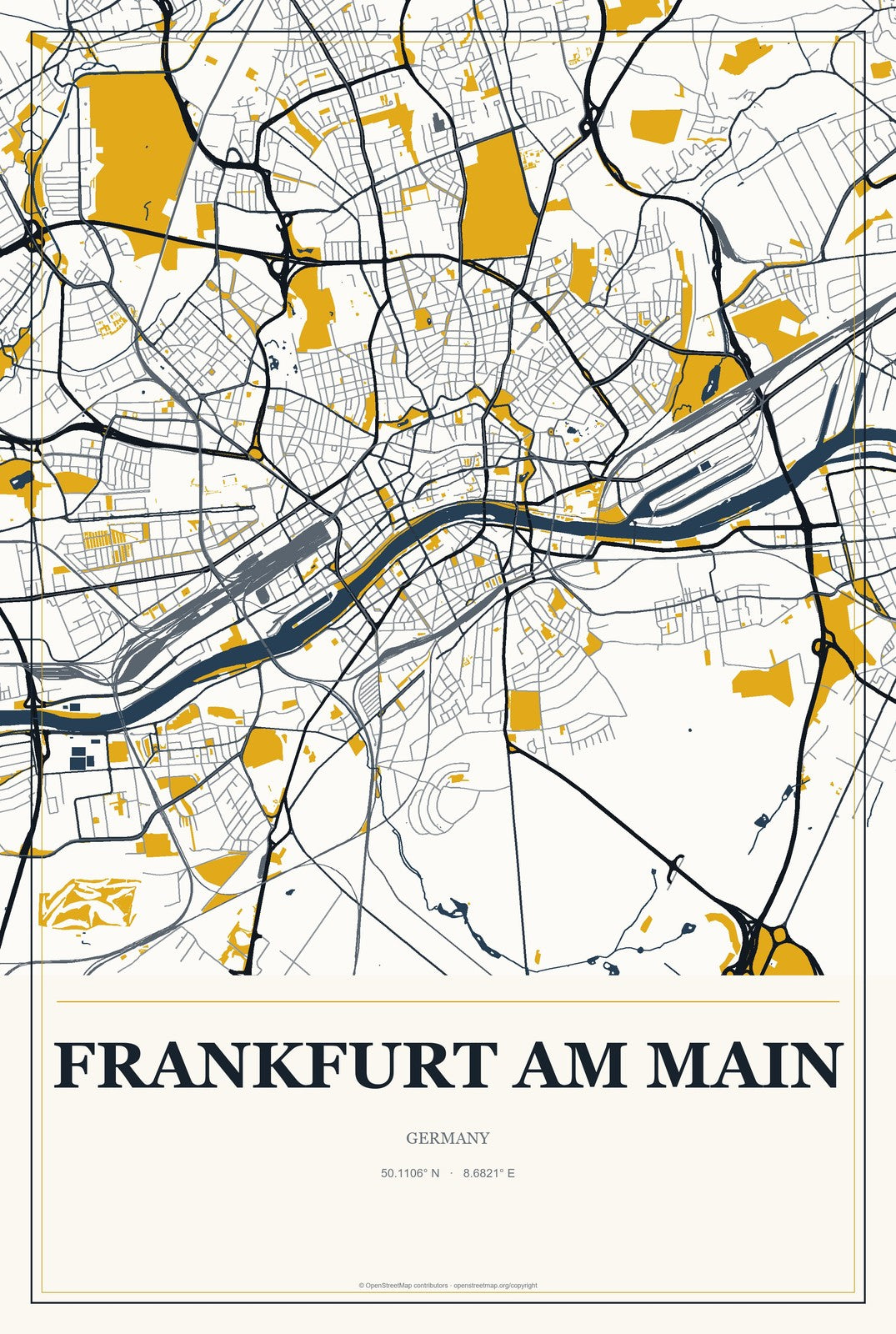 Frankfurt am Main, Germany City Map Aluminum Sign in Citrine Modern style
