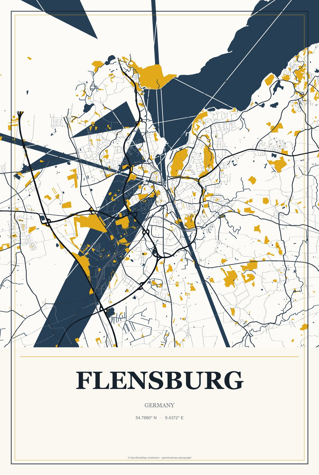 Flensburg, Germany City Map Aluminum Sign in Citrine Modern style