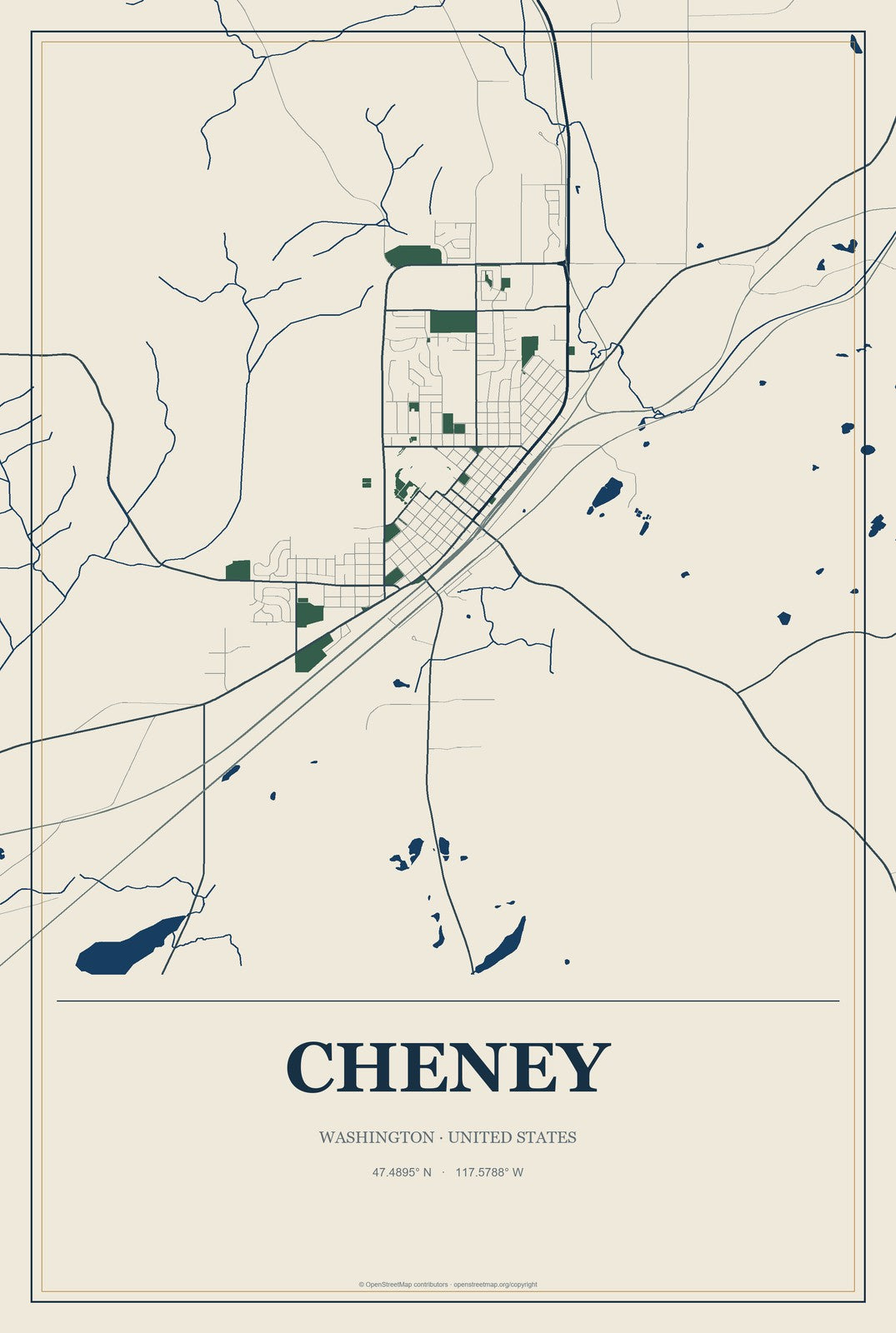 Cheney, Washington City Map Aluminum Sign in Coastal Cutout style