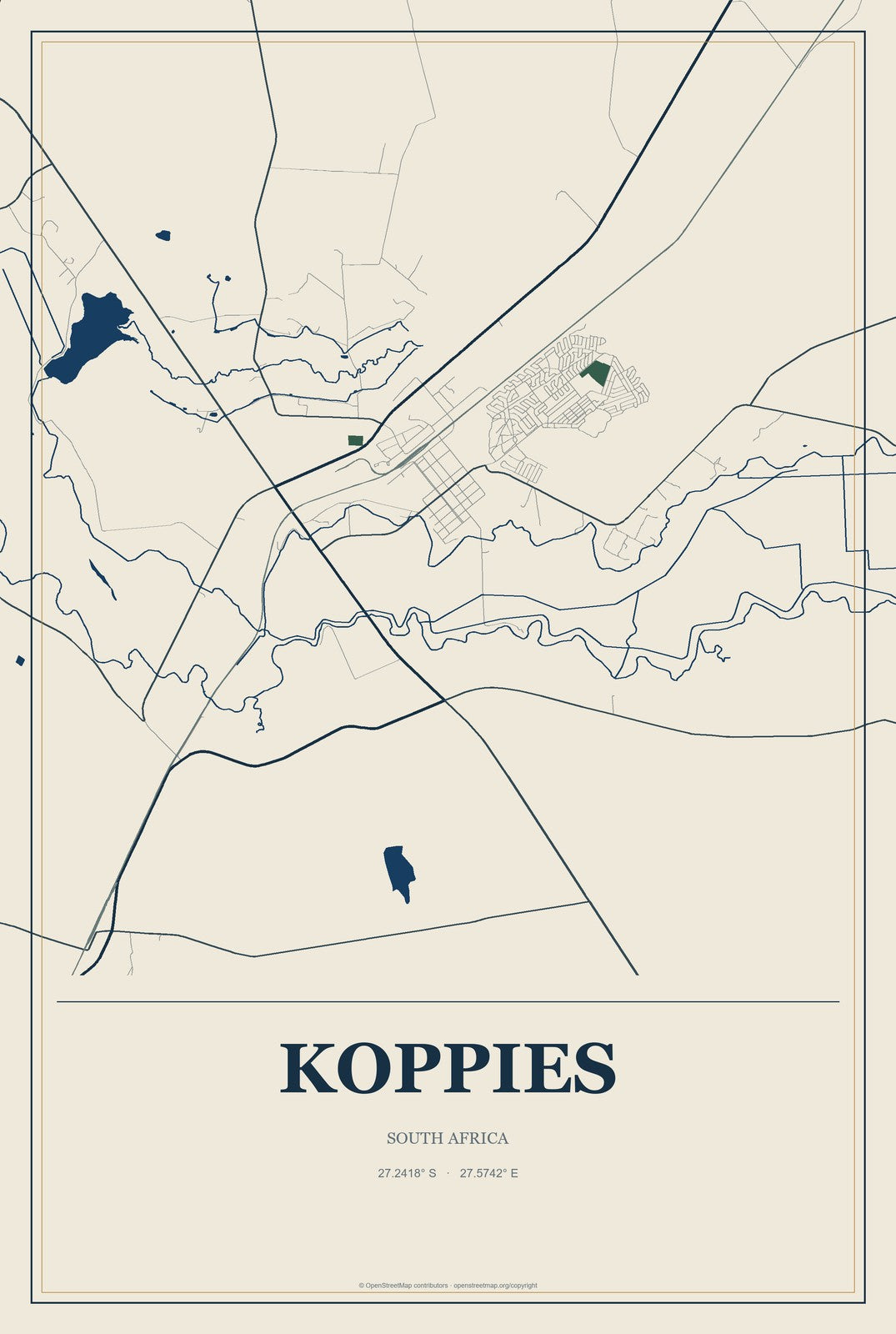 Koppies, South Africa City Map Aluminum Sign in Coastal Cutout style