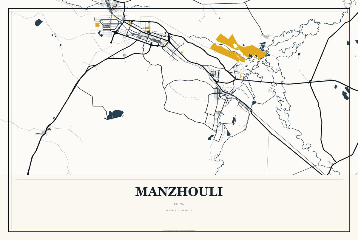 Manzhouli, China City Map Aluminum Sign in Citrine Modern style