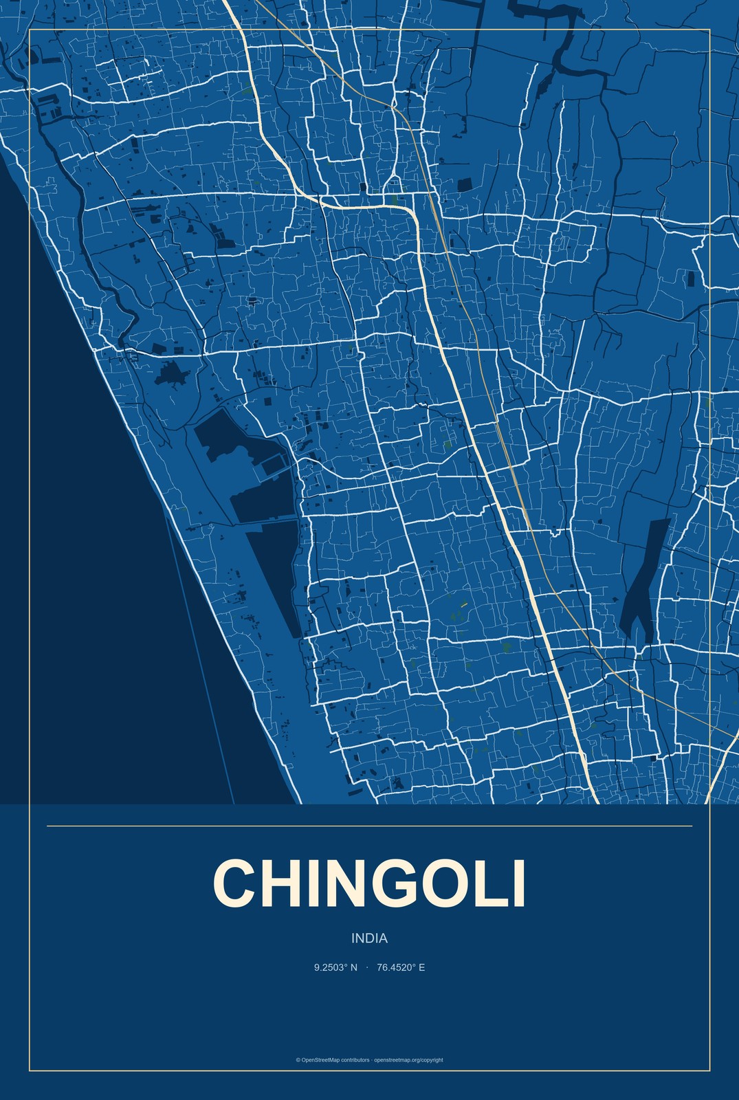 Chingoli, India City Map Aluminum Sign in Harbor Cobalt style