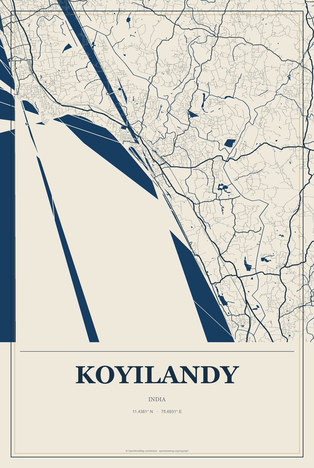 Koyilandy, India City Map Aluminum Sign in Coastal Cutout style