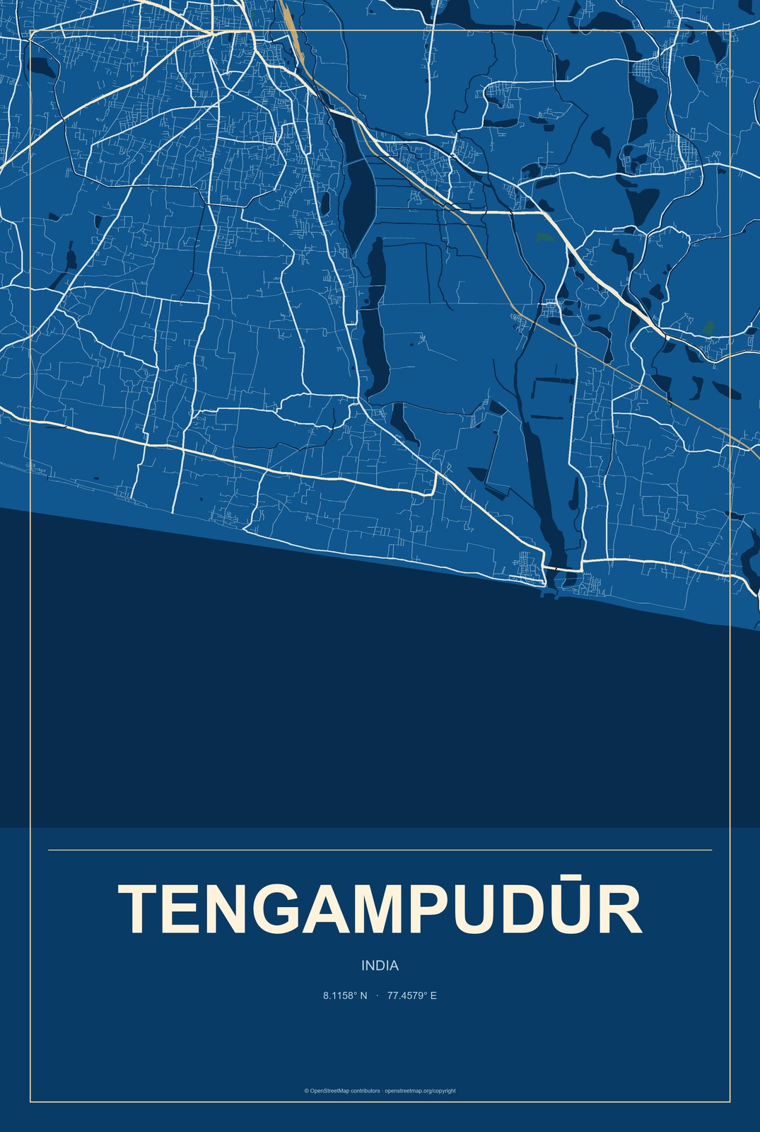 Tengampudūr, India City Map Aluminum Sign in Harbor Cobalt style