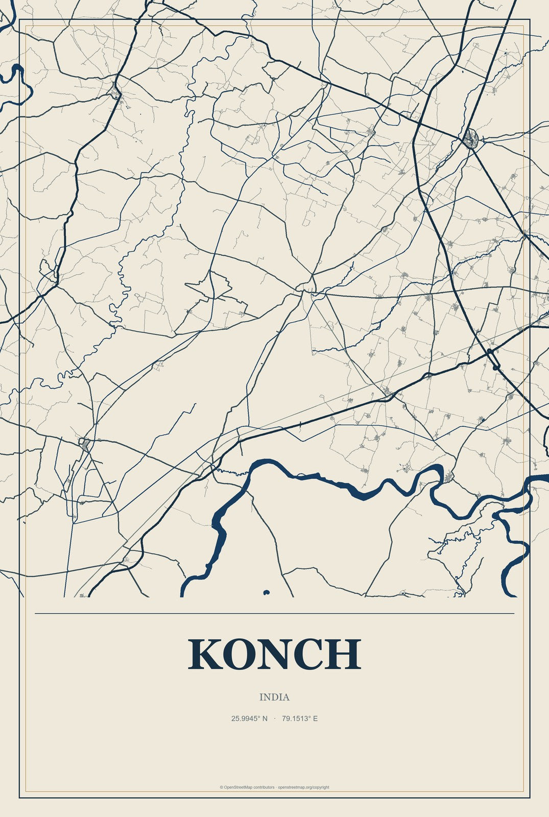 Konch, India City Map Aluminum Sign in Coastal Cutout style