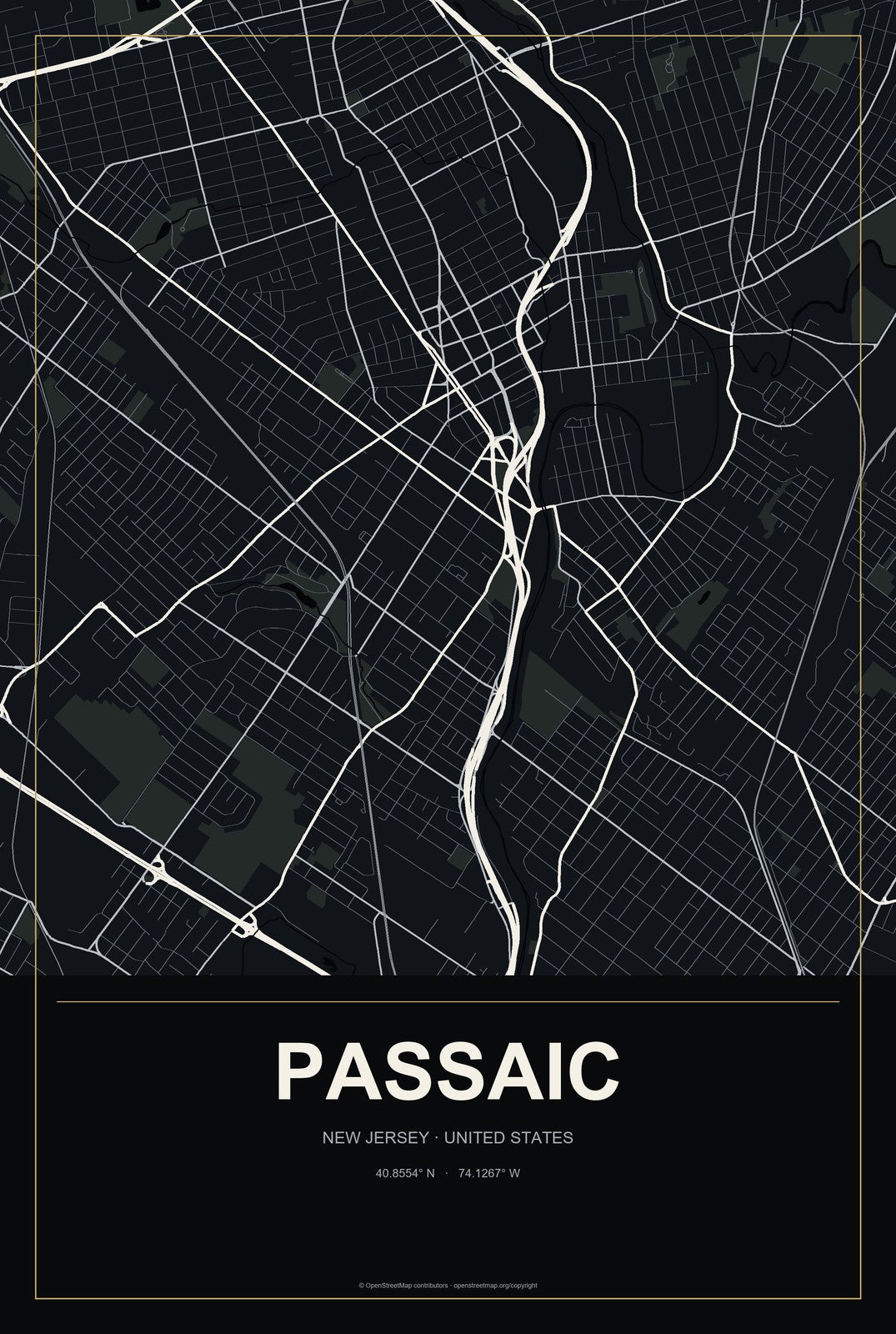 Passaic, New Jersey City Map Aluminum Sign in Metropolitan Noir style