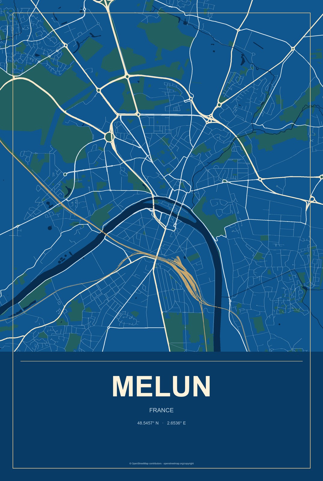 Melun, France City Map Aluminum Sign in Harbor Cobalt style