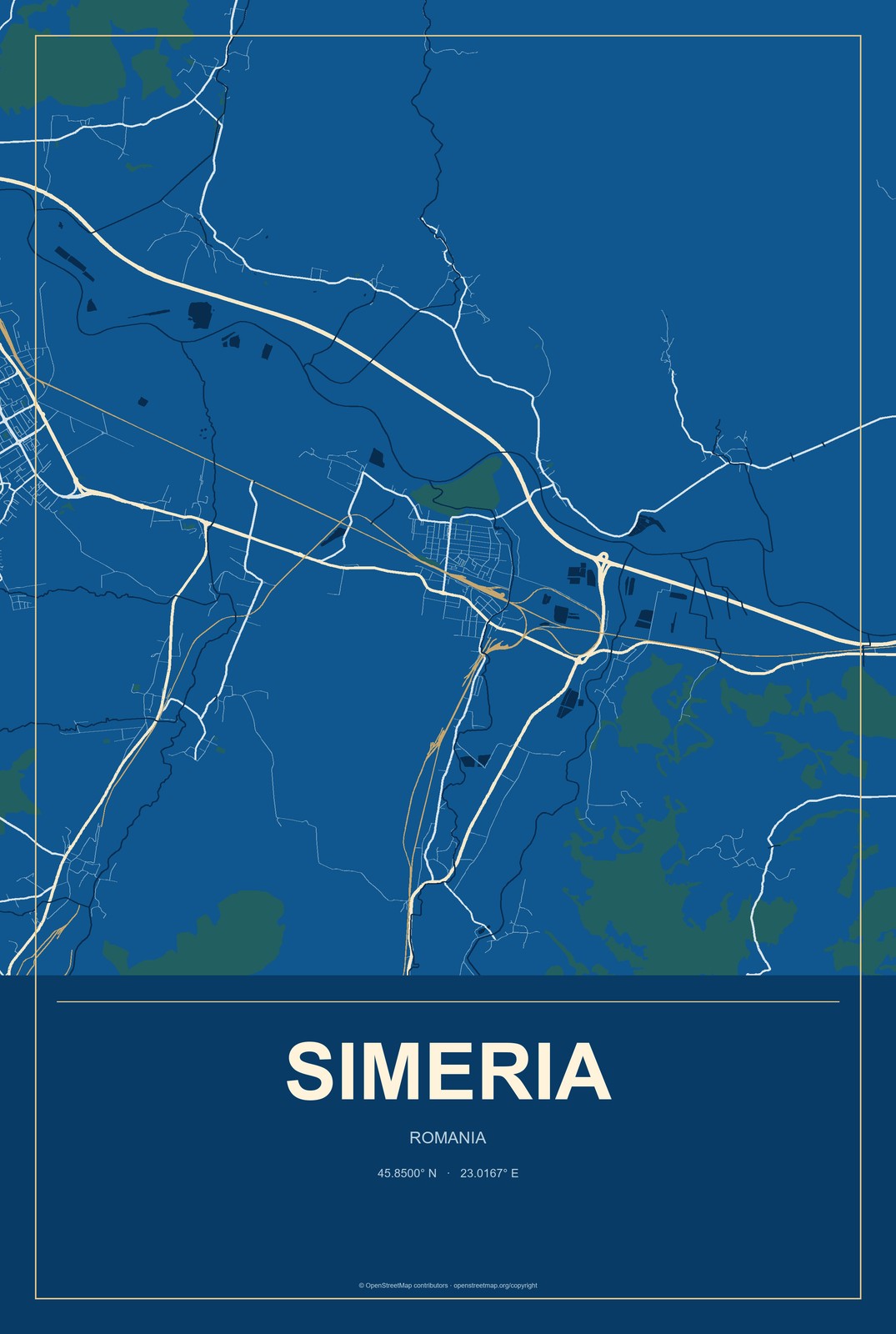 Simeria, Romania City Map Aluminum Sign in Harbor Cobalt style