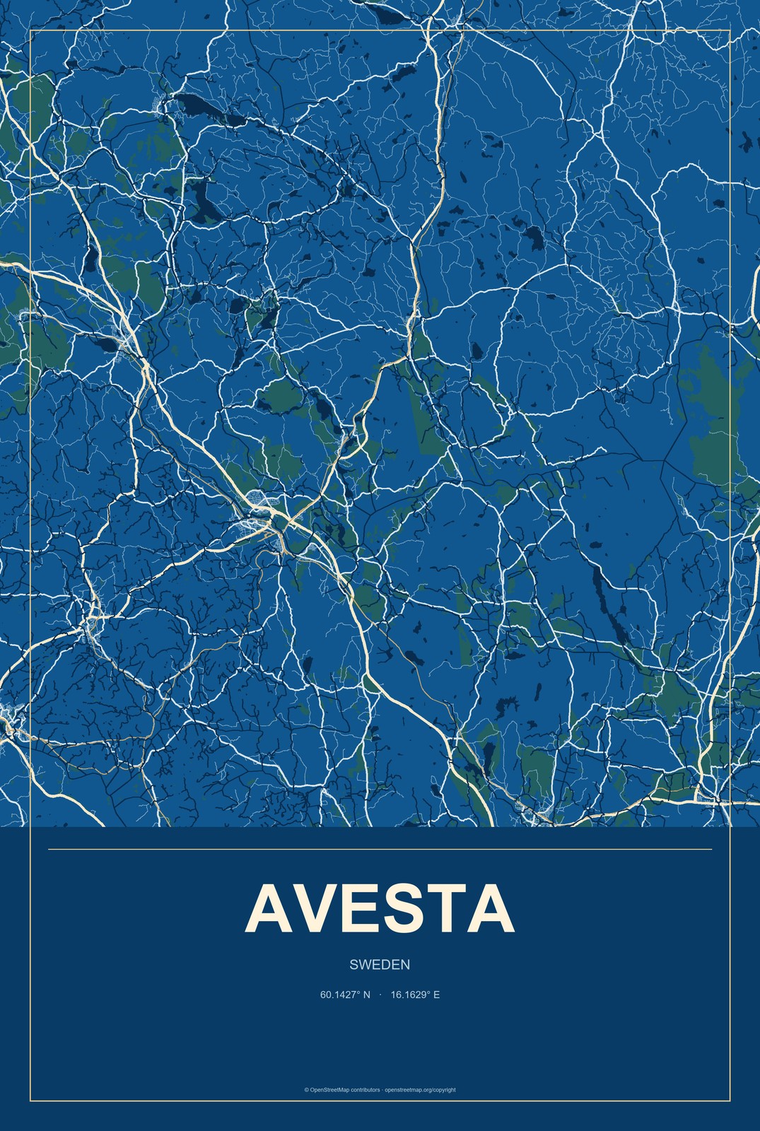 Avesta, Sweden City Map Aluminum Sign in Harbor Cobalt style