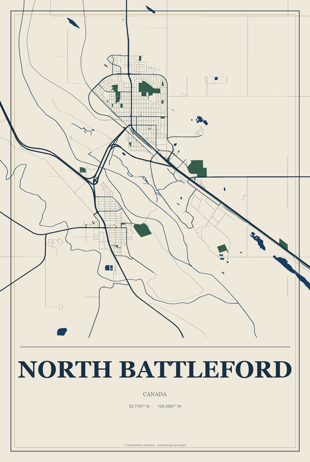 North Battleford, Canada City Map Aluminum Sign in Coastal Cutout style