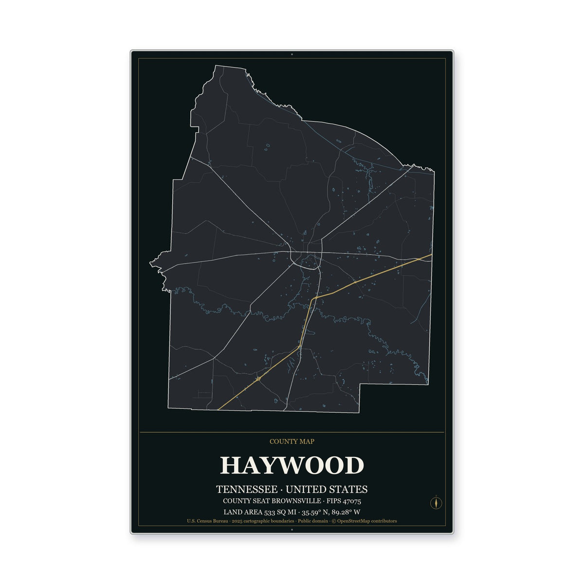 Haywood County, Tennessee Map Aluminum Sign in Metropolitan Noir style
