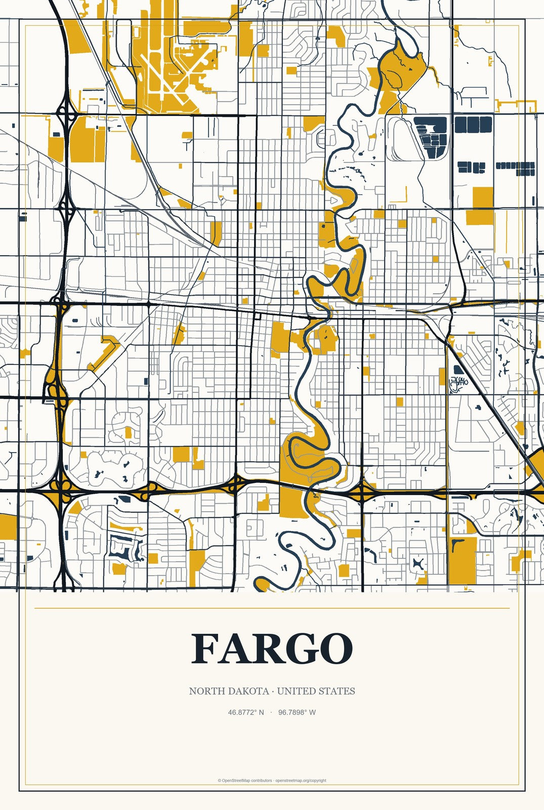 Fargo, North Dakota City Map Aluminum Sign in Citrine Modern style