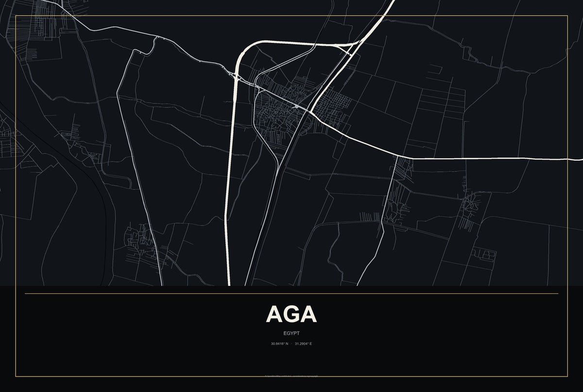 Aga, Egypt City Map Aluminum Sign in Metropolitan Noir style