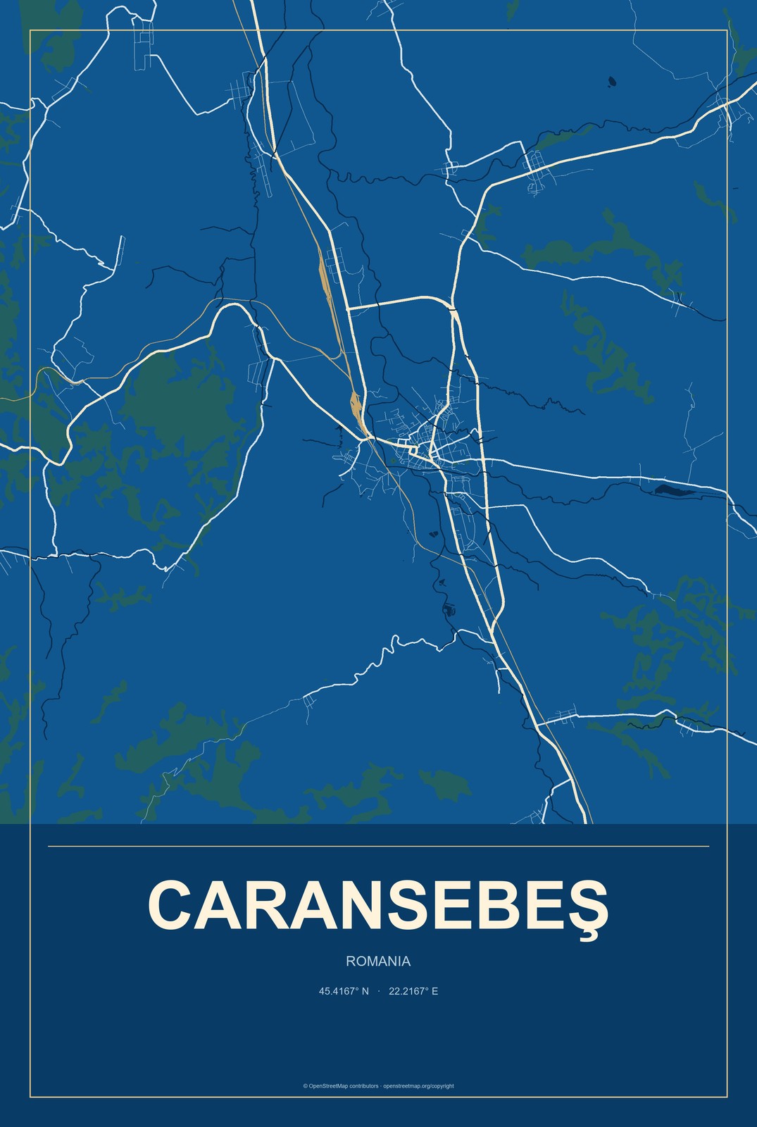 Caransebeş, Romania City Map Aluminum Sign in Harbor Cobalt style