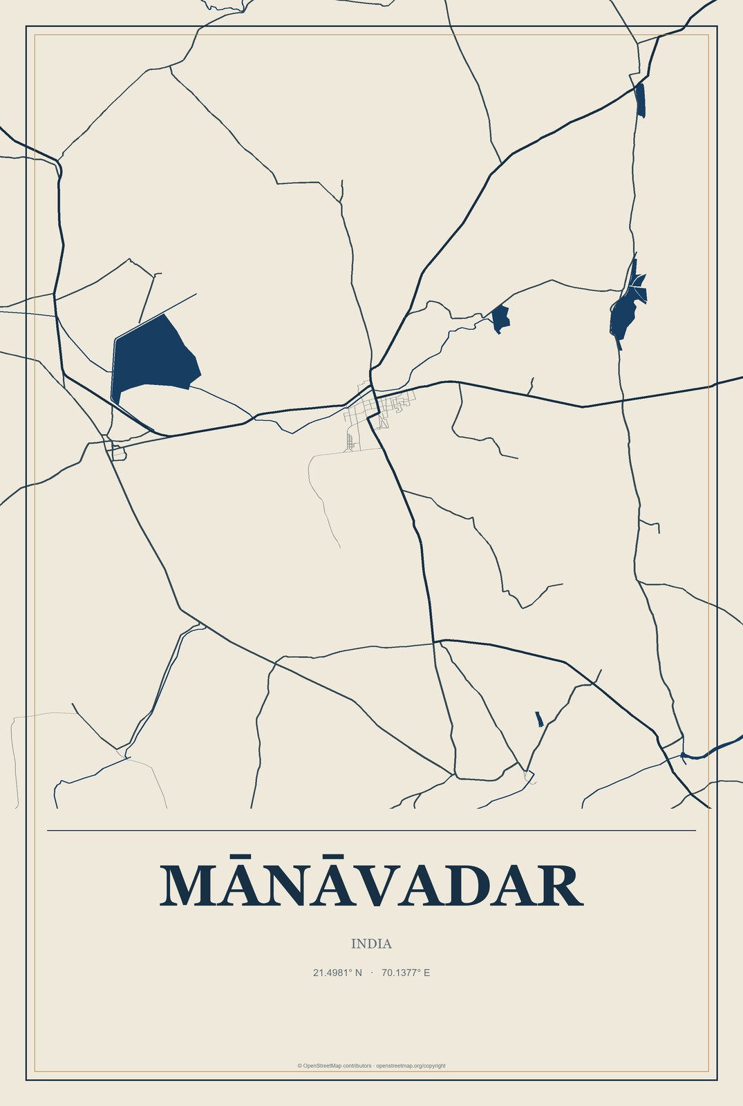 Mānāvadar, India City Map Aluminum Sign in Coastal Cutout style