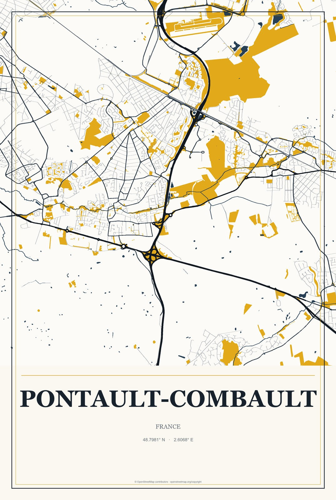 Pontault-Combault, France City Map Aluminum Sign in Citrine Modern style