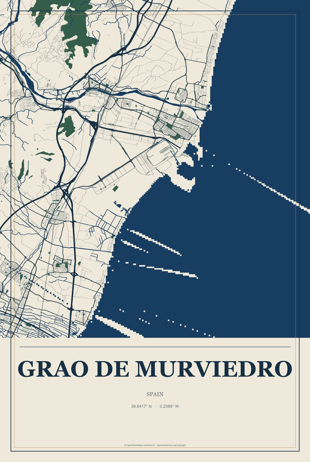 Grao de Murviedro, Spain City Map Aluminum Sign in Coastal Cutout style