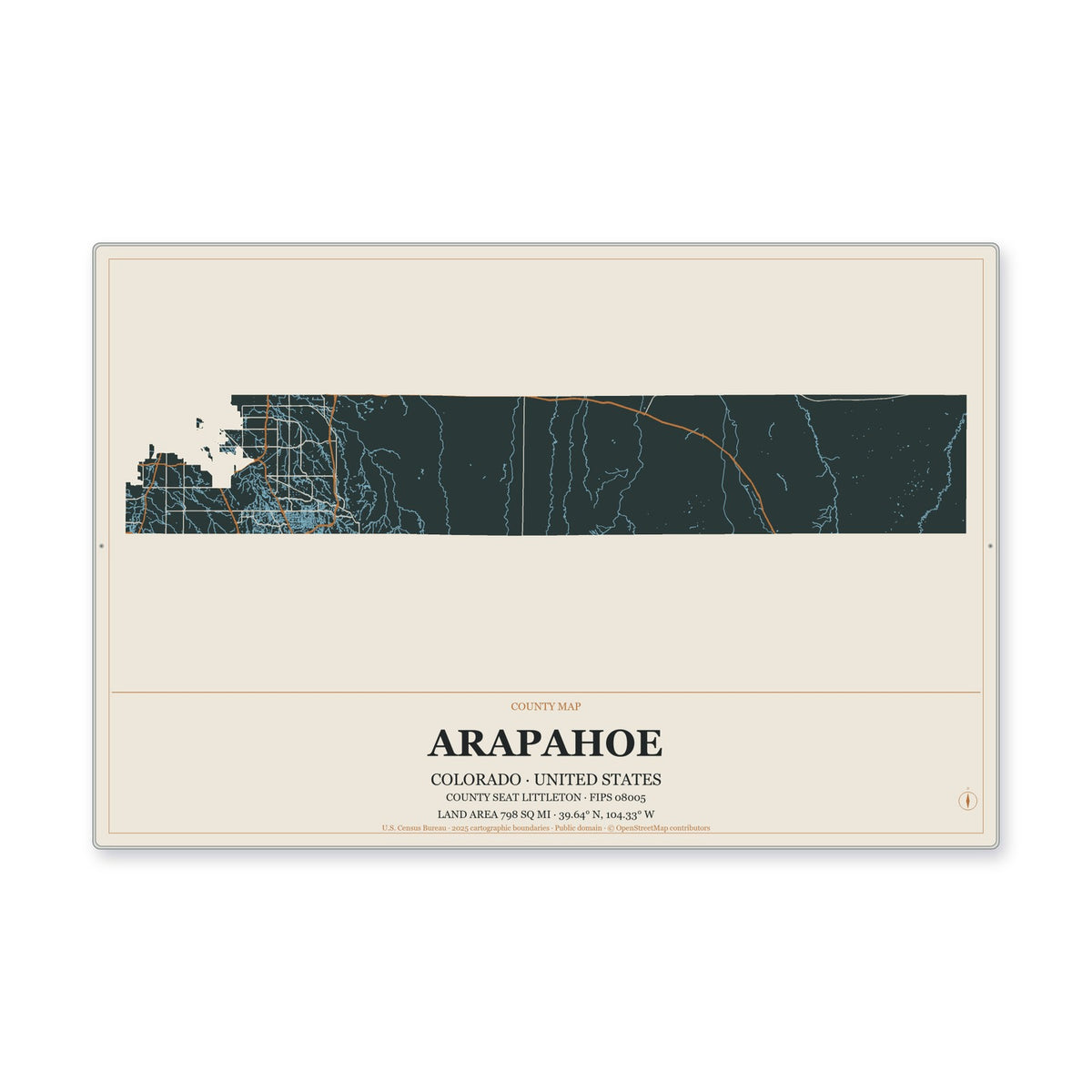 Arapahoe County, Colorado Map Aluminum Sign in Headline Atlas style