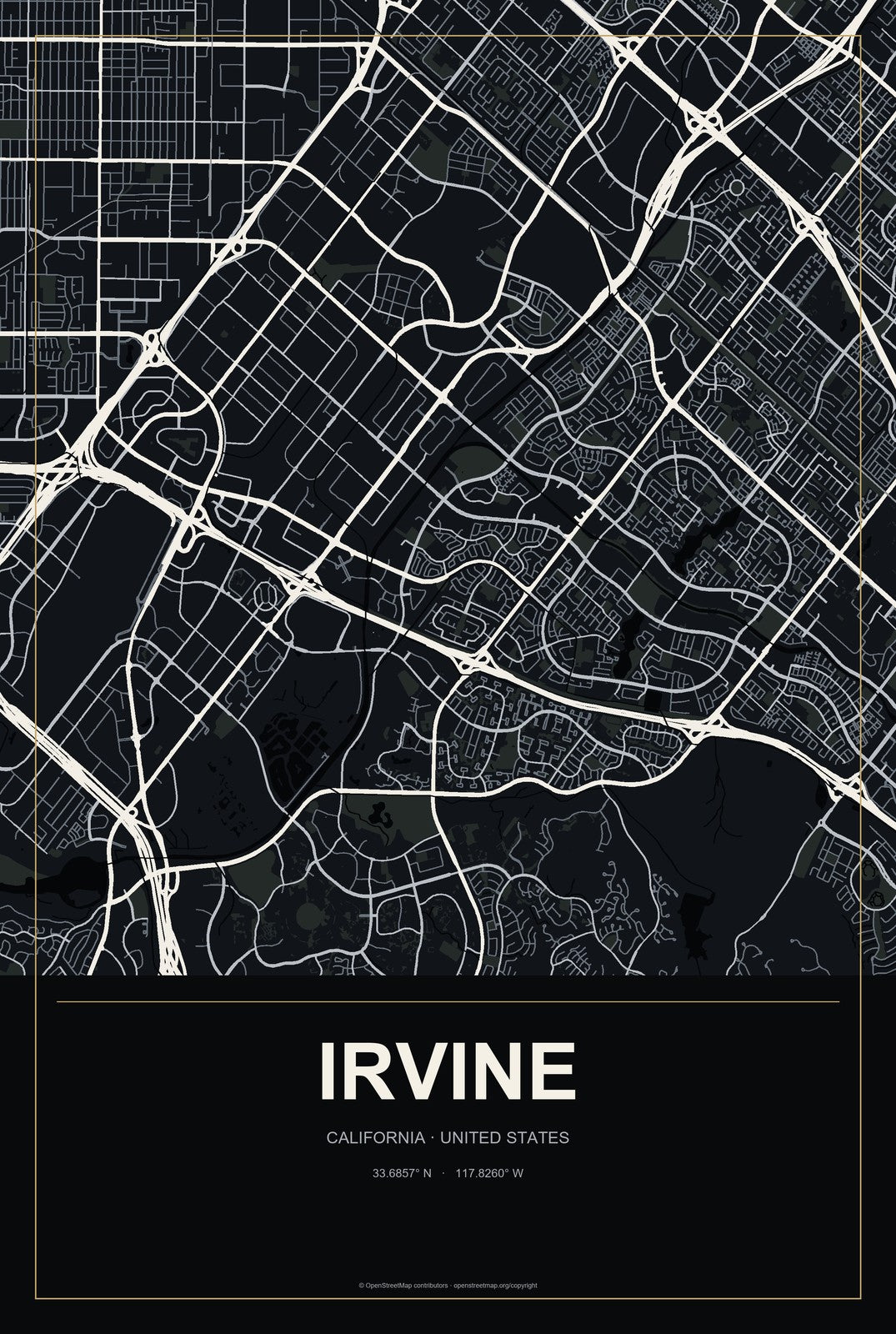 Irvine, California City Map Aluminum Sign in Metropolitan Noir style