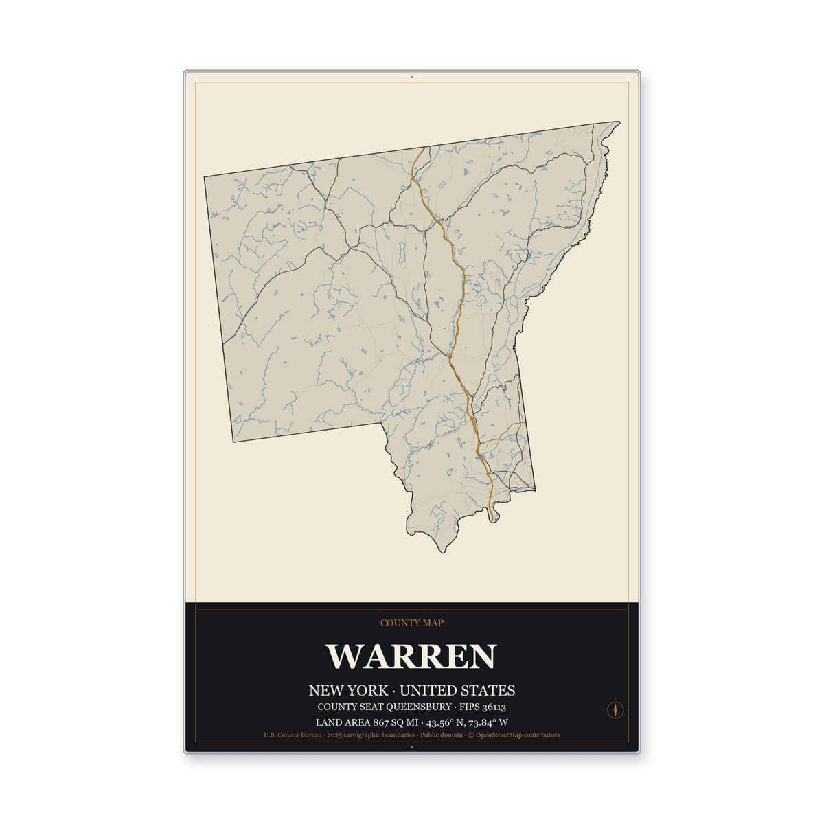 Warren County, New York Map Aluminum Sign in Museum Plaque style