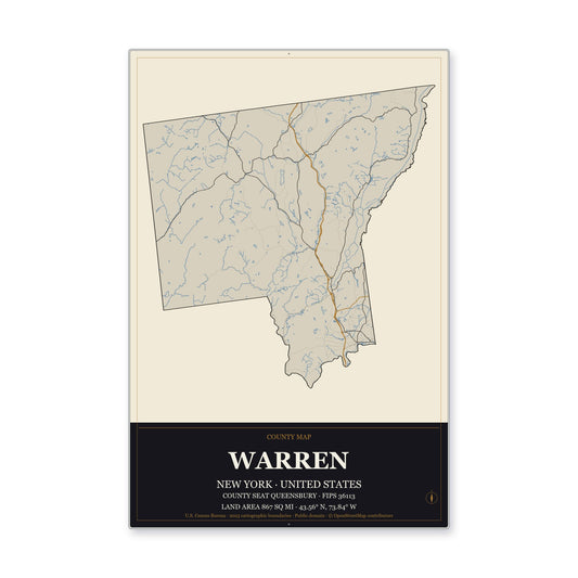 Warren County, New York Map Aluminum Sign in Museum Plaque style