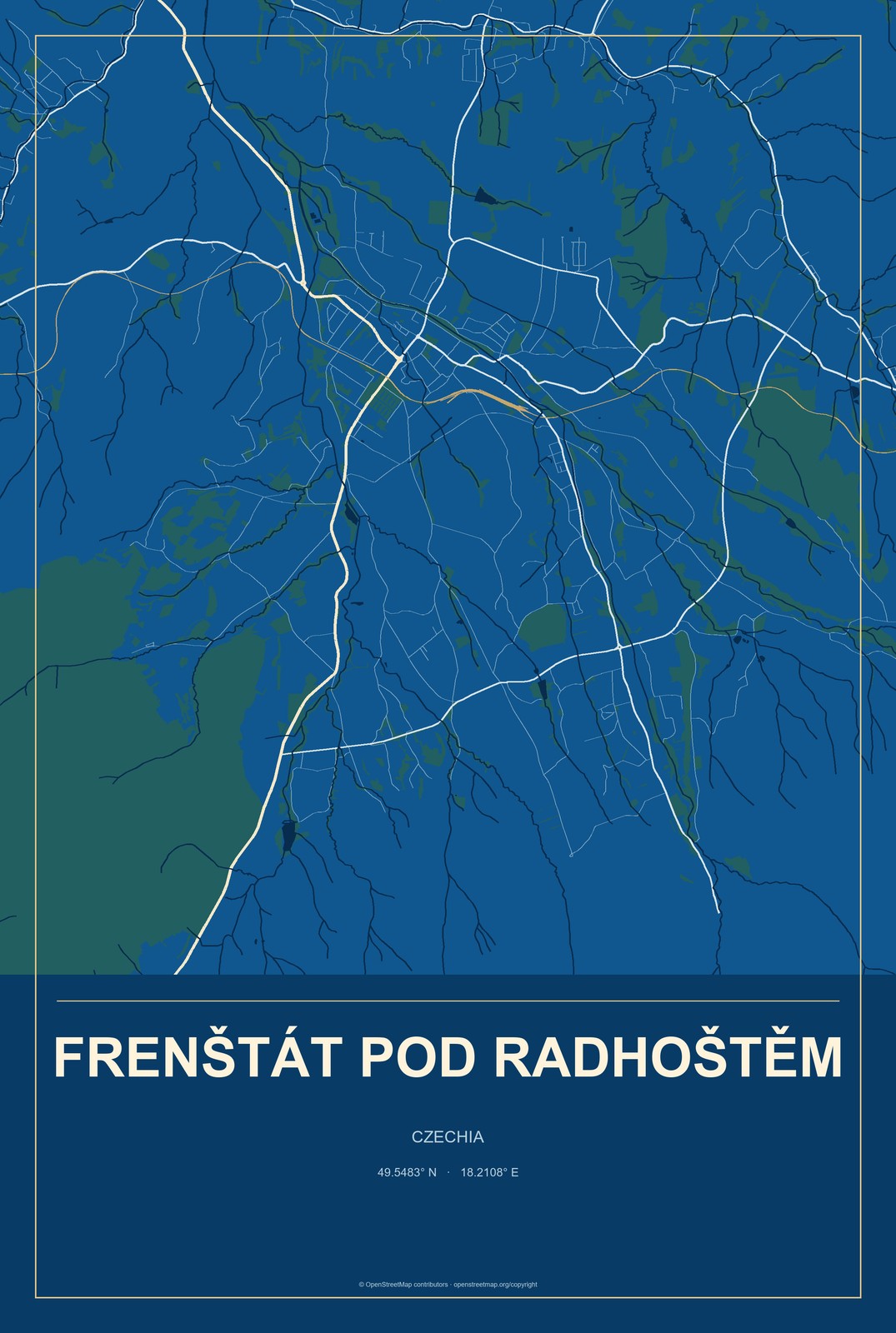 Frenštát pod Radhoštěm, Czechia City Map Aluminum Sign in Harbor Cobalt style