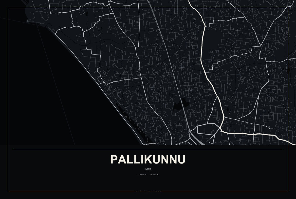 Pallikunnu, India City Map Aluminum Sign in Metropolitan Noir style