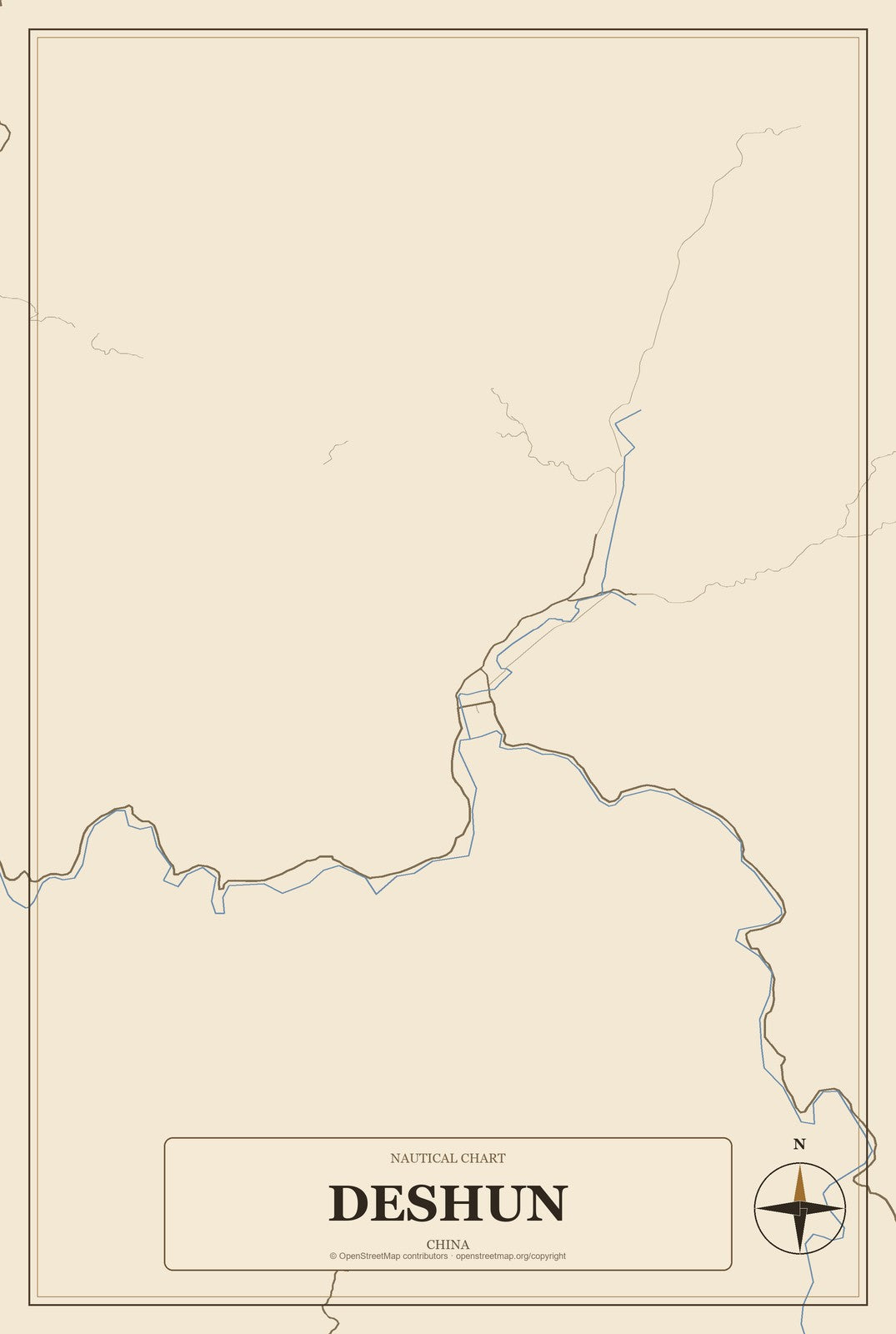 Deshun, China City Map Aluminum Sign in Heritage Nautical style
