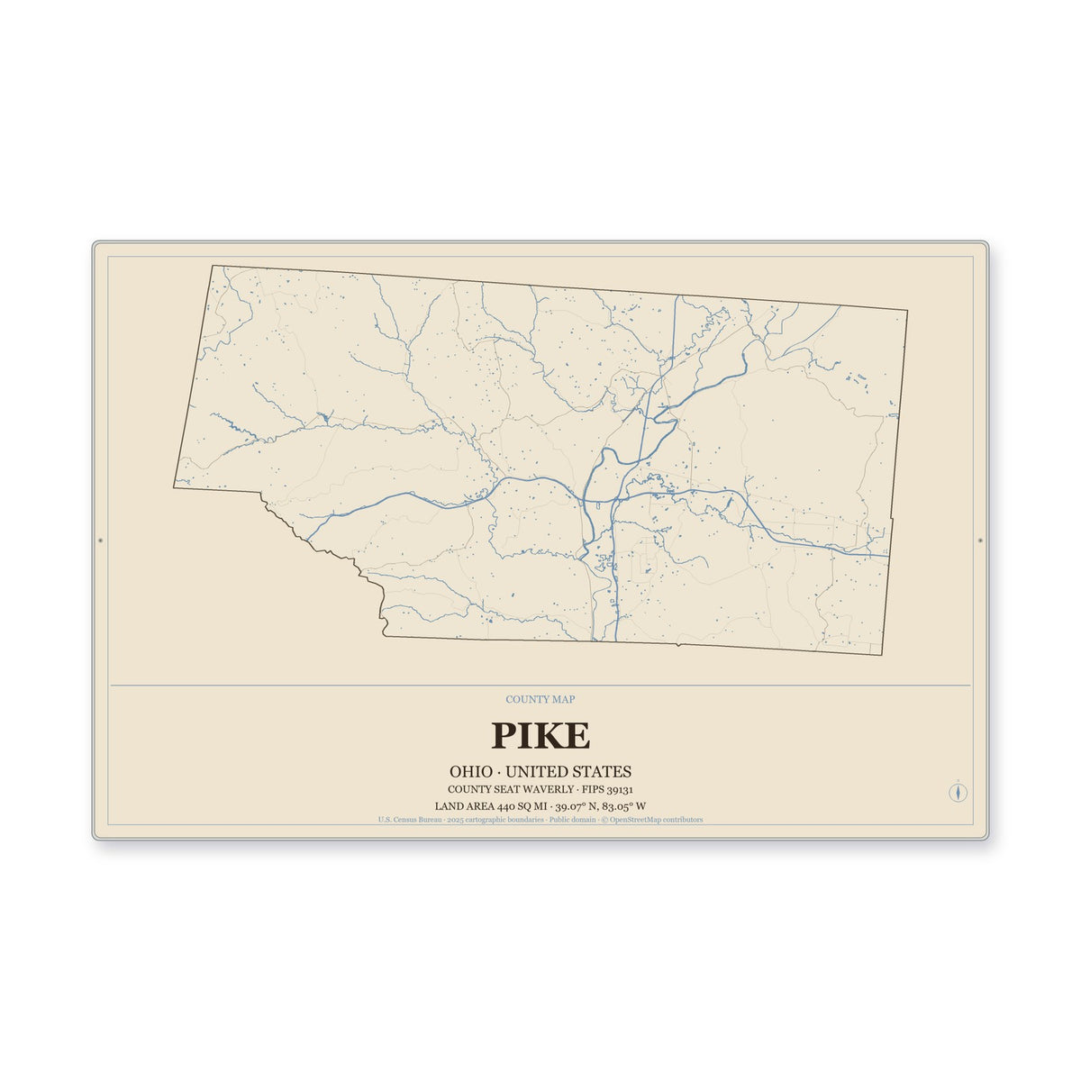 Pike County, Ohio Map Aluminum Sign in Heritage Nautical style
