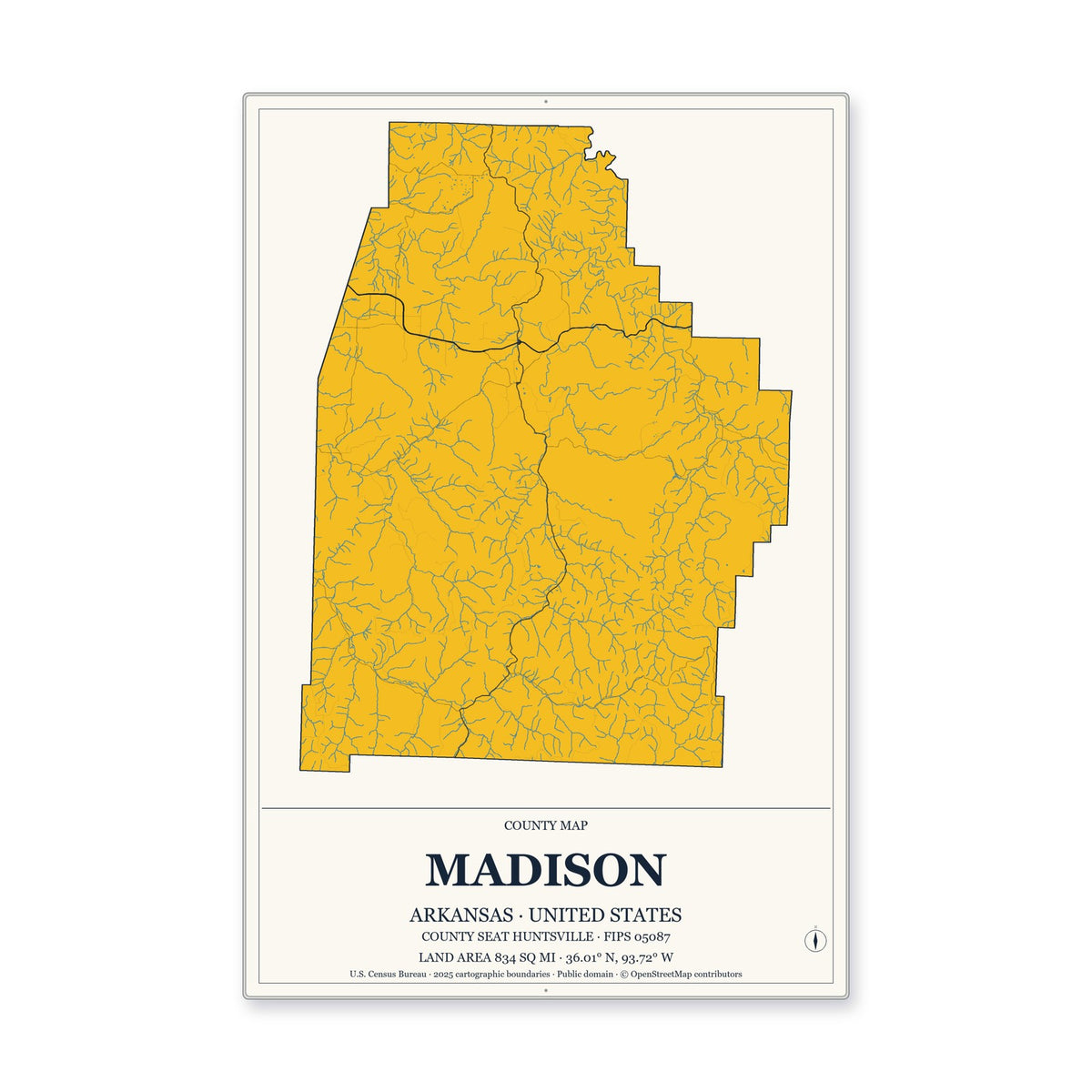 Madison County, Arkansas Map Aluminum Sign in Citrine Modern style
