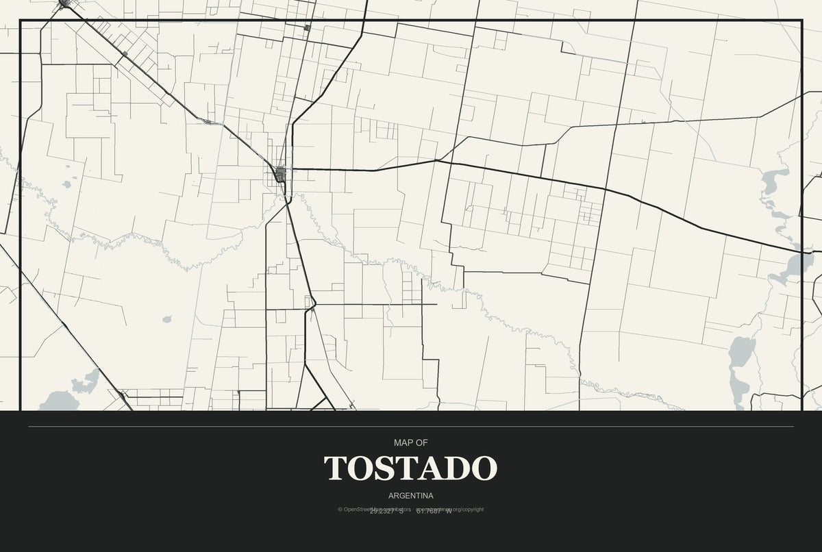 Tostado, Argentina City Map Aluminum Sign in Museum Plaque style