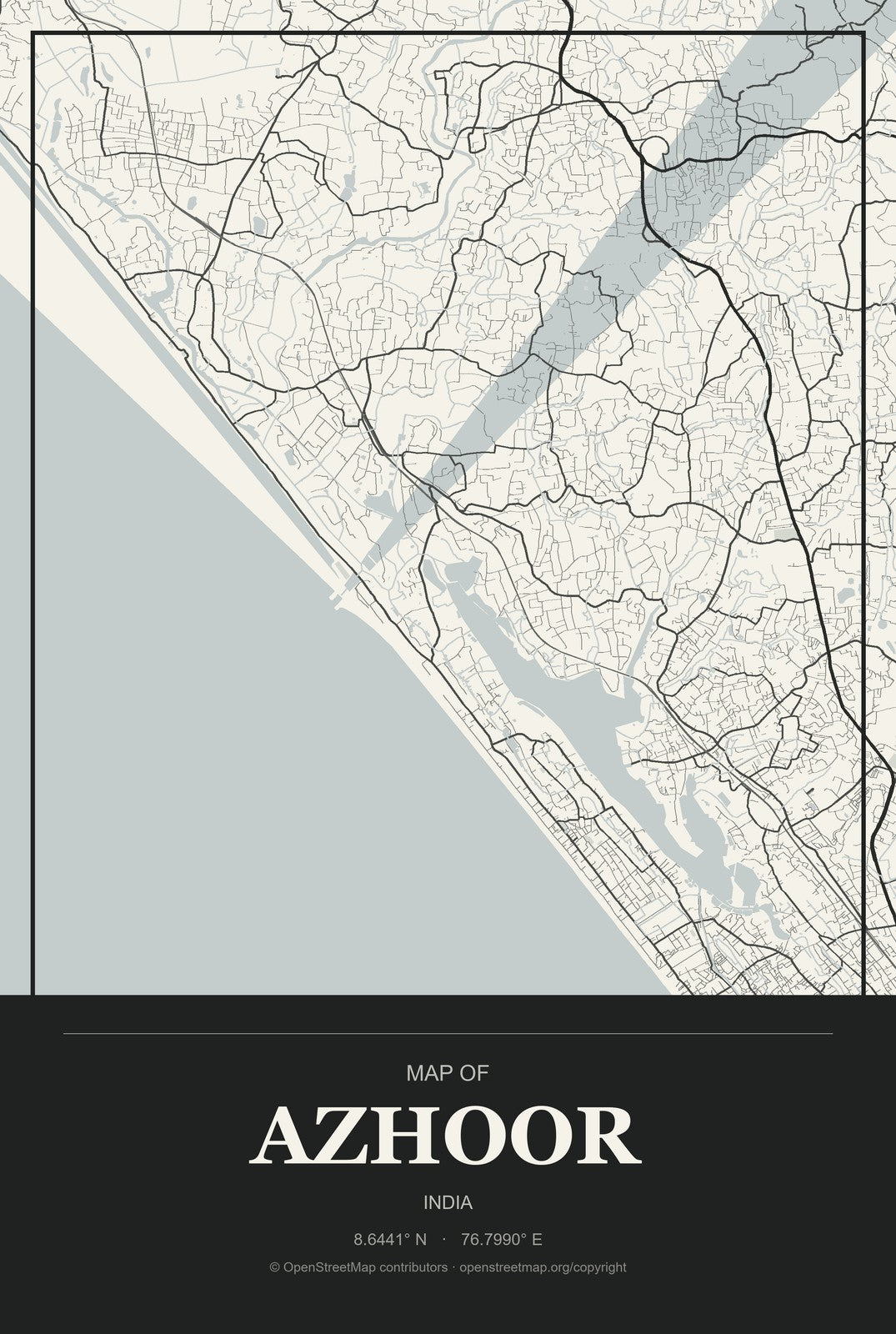 Azhoor, India City Map Aluminum Sign in Museum Plaque style