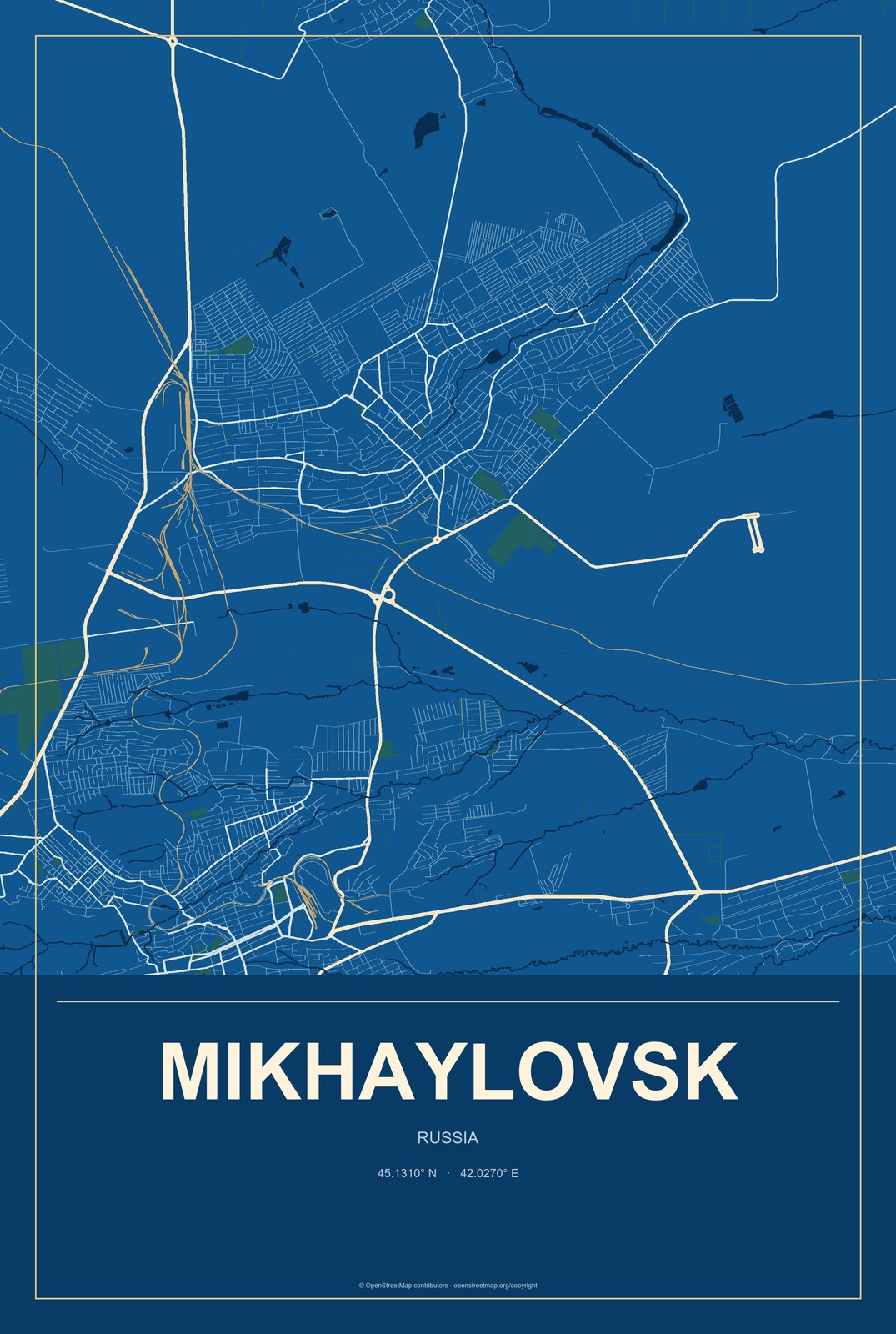 Mikhaylovsk, Sverdlovsk Oblast, Russia City Map Aluminum Sign in Harbor Cobalt style