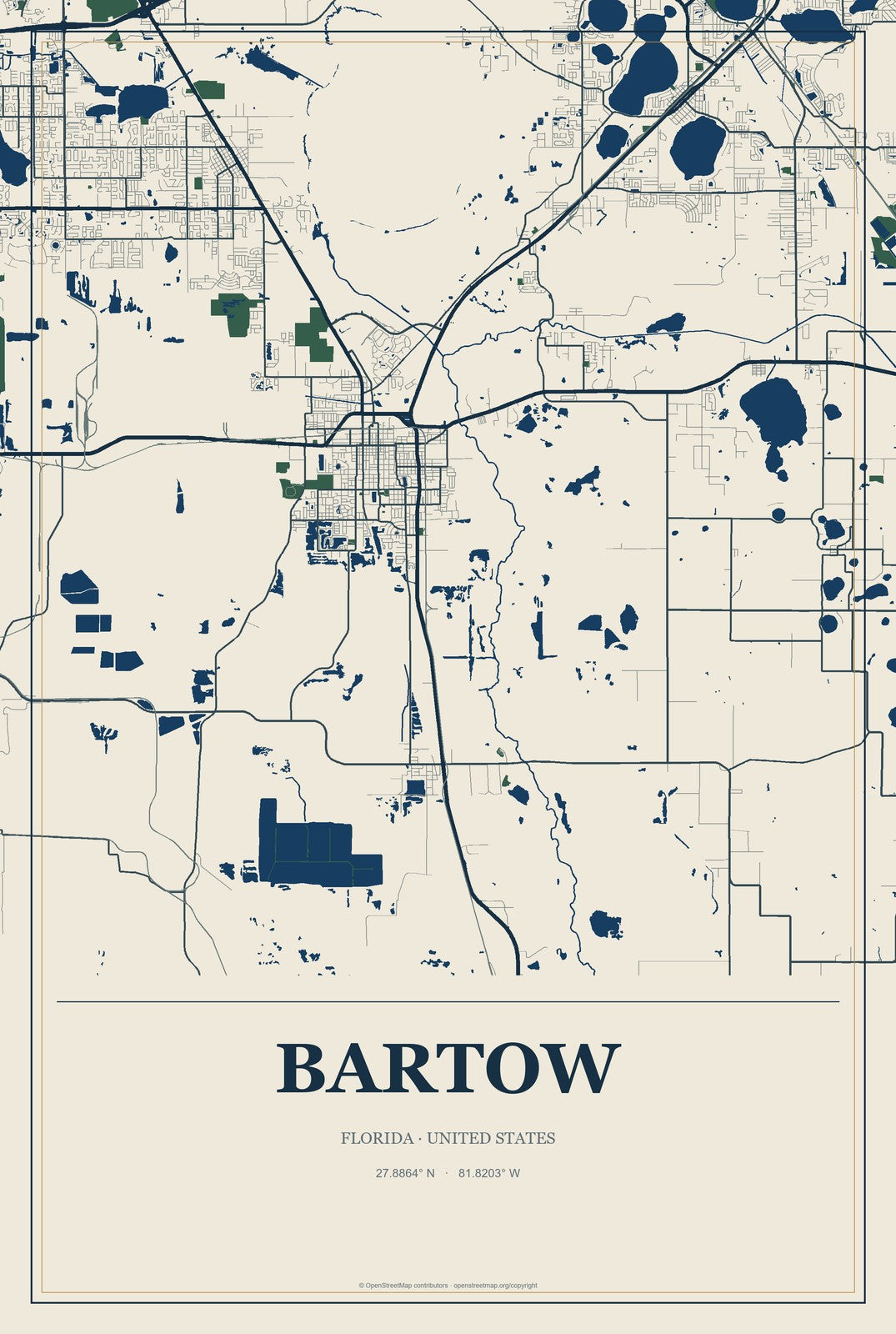 Bartow, Florida City Map Aluminum Sign in Coastal Cutout style