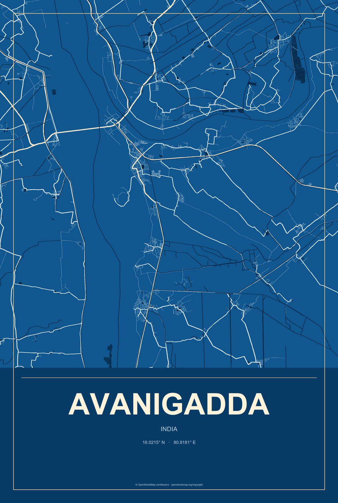 Avanigadda, India City Map Aluminum Sign in Harbor Cobalt style