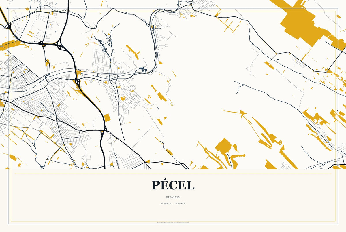 Pécel, Hungary City Map Aluminum Sign in Citrine Modern style