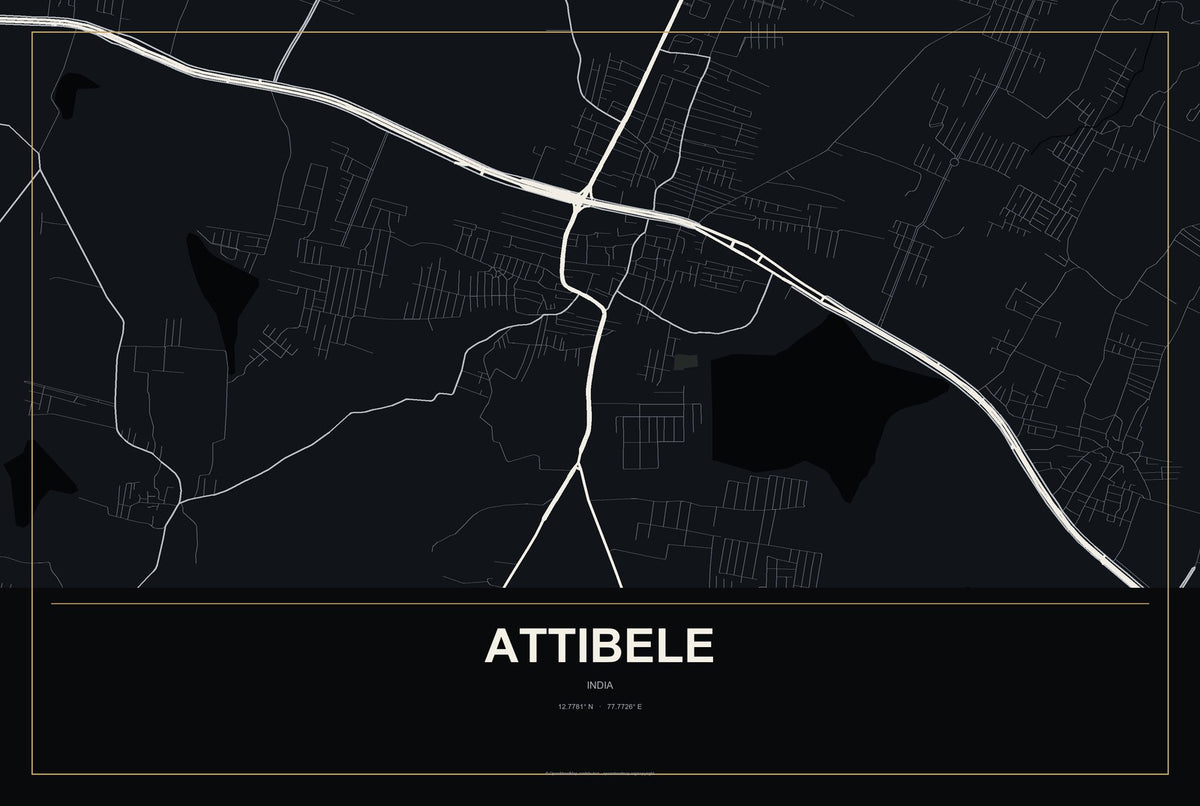 Attibele, India City Map Aluminum Sign in Metropolitan Noir style
