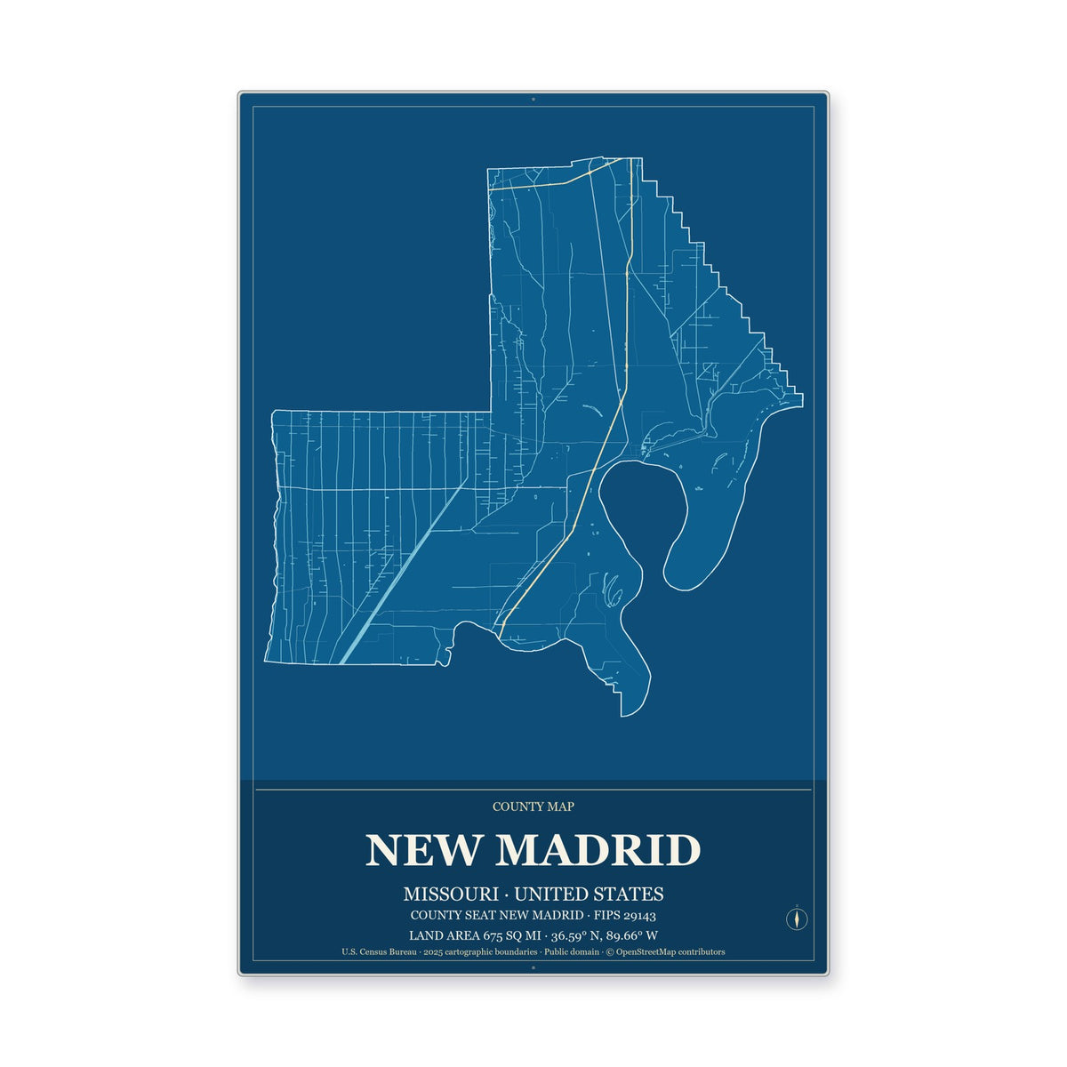 New Madrid County, Missouri Map Aluminum Sign in Harbor Cobalt style