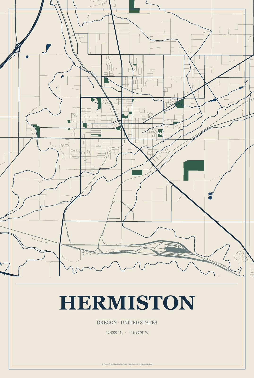 Hermiston, Oregon City Map Aluminum Sign in Coastal Cutout style
