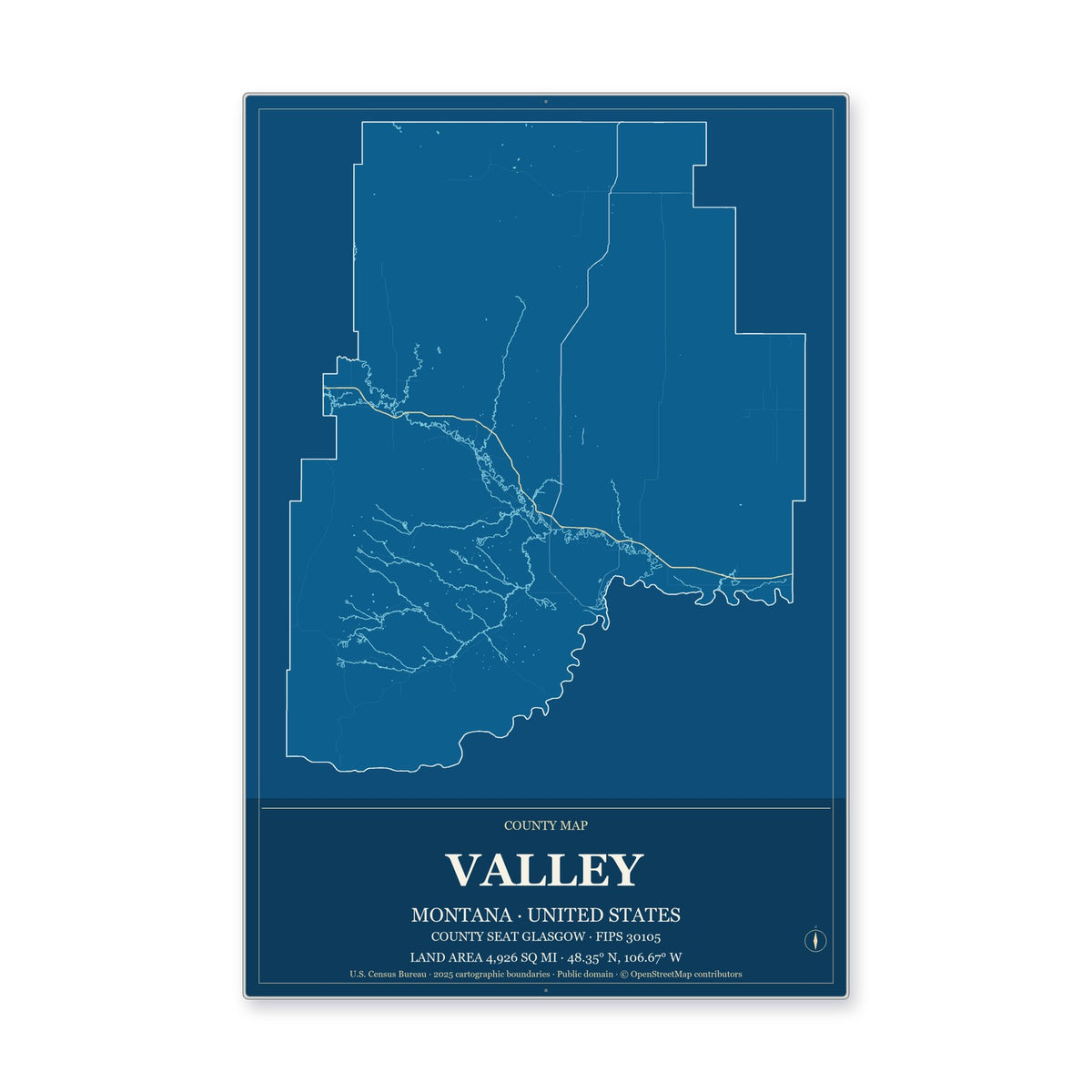 Valley County, Montana Map Aluminum Sign in Harbor Cobalt style