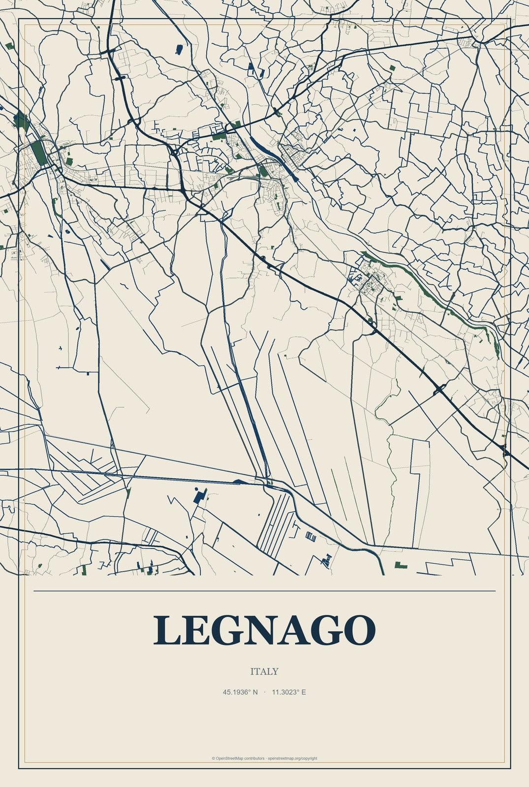 Legnago, Italy City Map Aluminum Sign in Coastal Cutout style