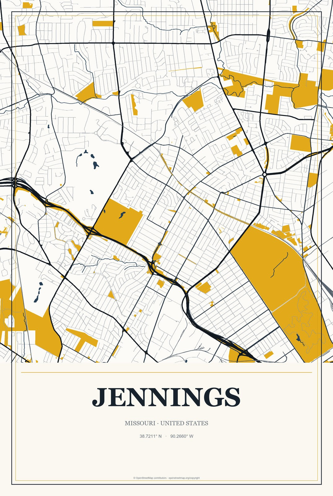 Jennings, Missouri City Map Aluminum Sign in Citrine Modern style