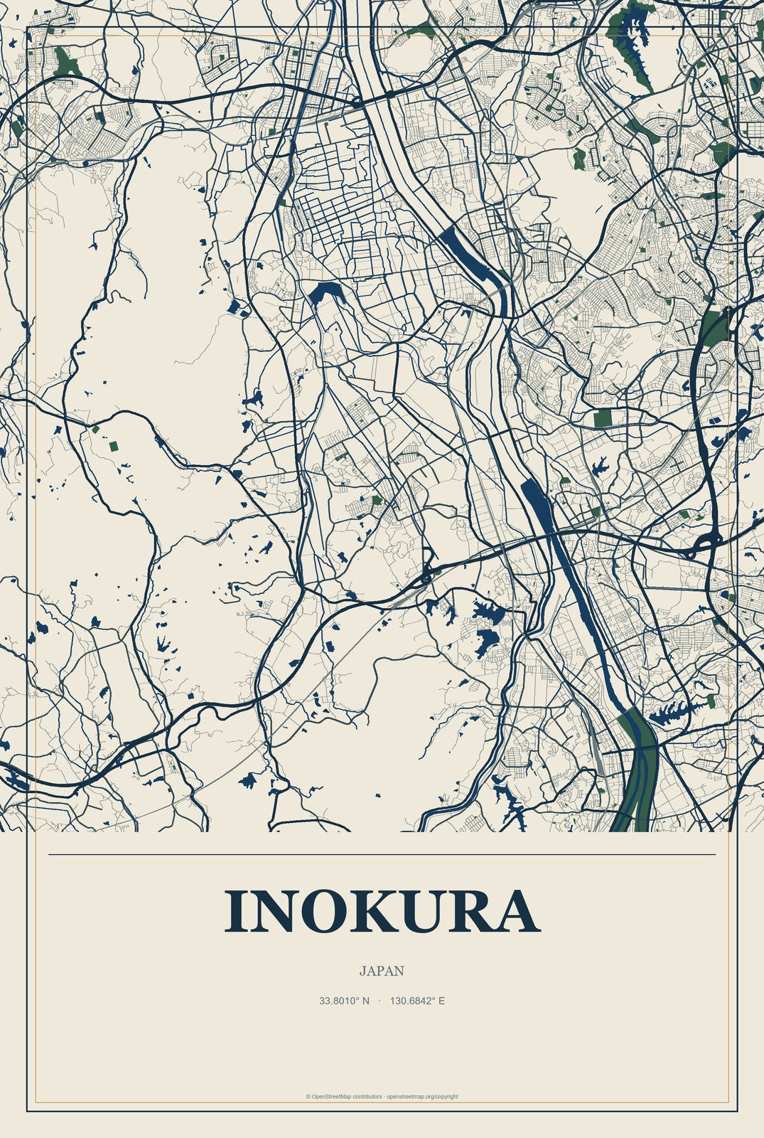Inokura, Japan City Map Aluminum Sign in Coastal Cutout style