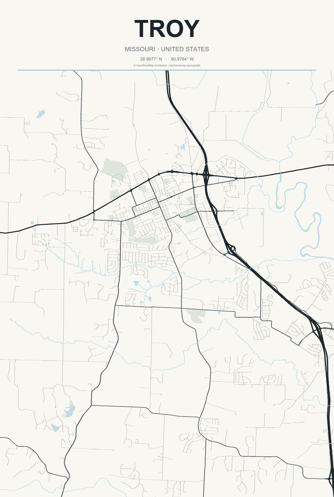 Troy, Missouri City Map Aluminum Sign in Headline Atlas style